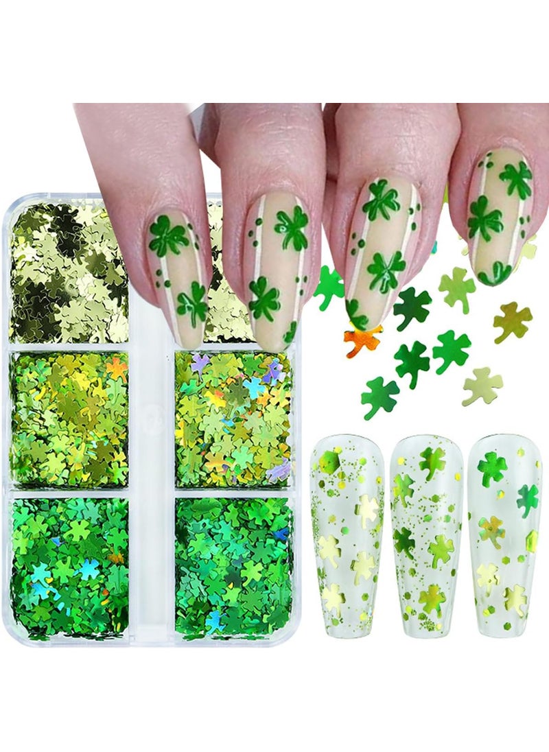 6Grids St. Patrick's Day Nail Art Glitter Sequins Kit - 3D Clover Nail Sequins Nail Stickers Decal Green Shamrock Irish Luck Shaped Design Holographic Flakes DIY St. Patrick's Day Manicure Accessories