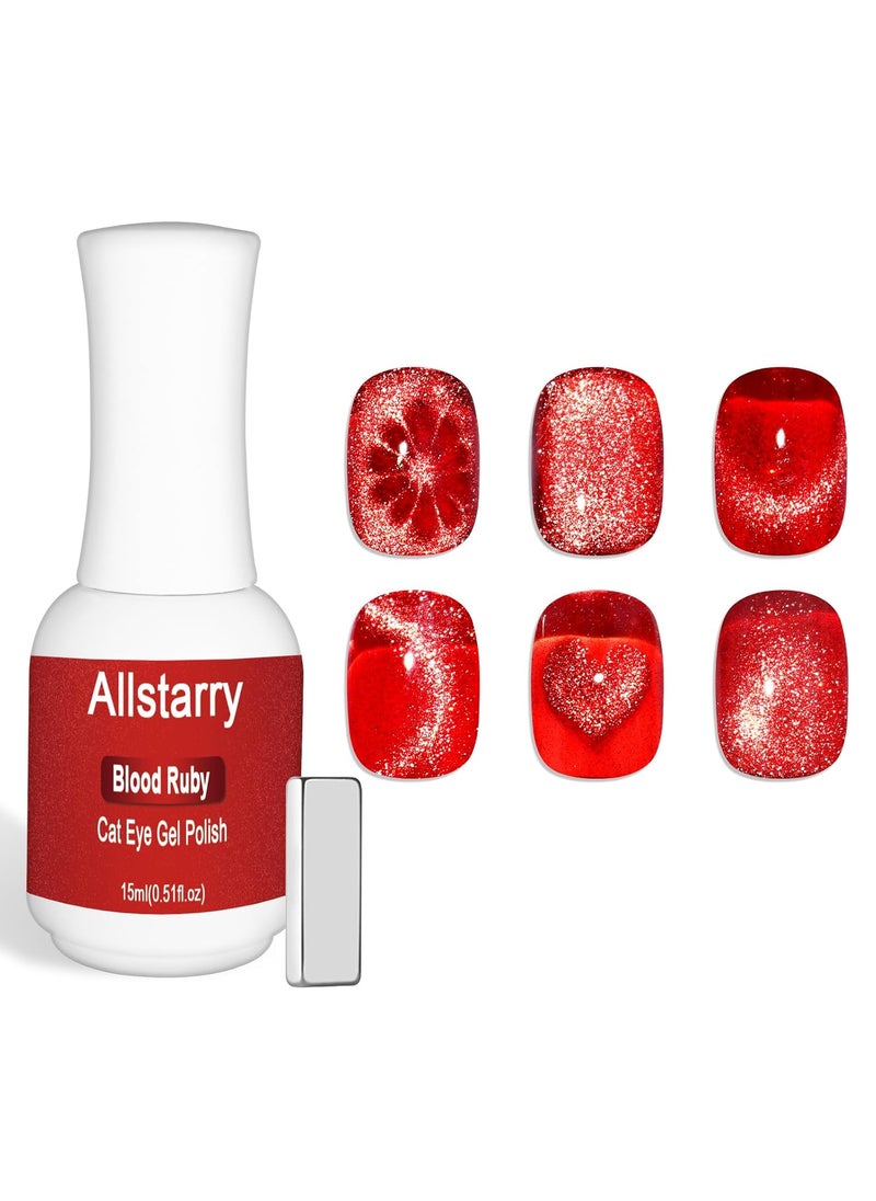Allstarry Red Cat Eye Gel Polish, 15ml/0.5fl oz Red Nail Polish Jelly Glass Magnetic Red Gel Polish UV LED Curing Soak Off Home DIY Nail Salon for Valentines Nails - Blood Ruby