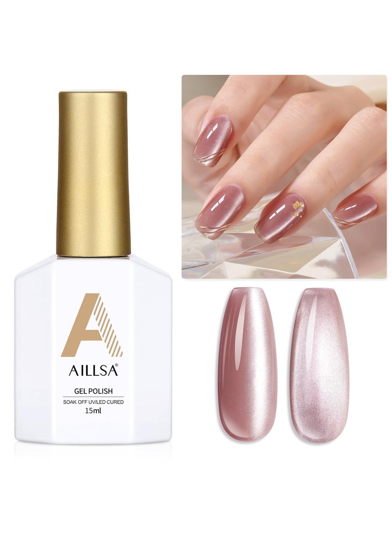 AILLSA Cat Eye Gel Nail Polish Pink Crystal Glitter Polish with Magnet, Nude Burgundy Glass Shimmer Nail Polish Jelly Color Reflective Translucent U V Gel Salon DIY at Home 0.5 OZ GF25