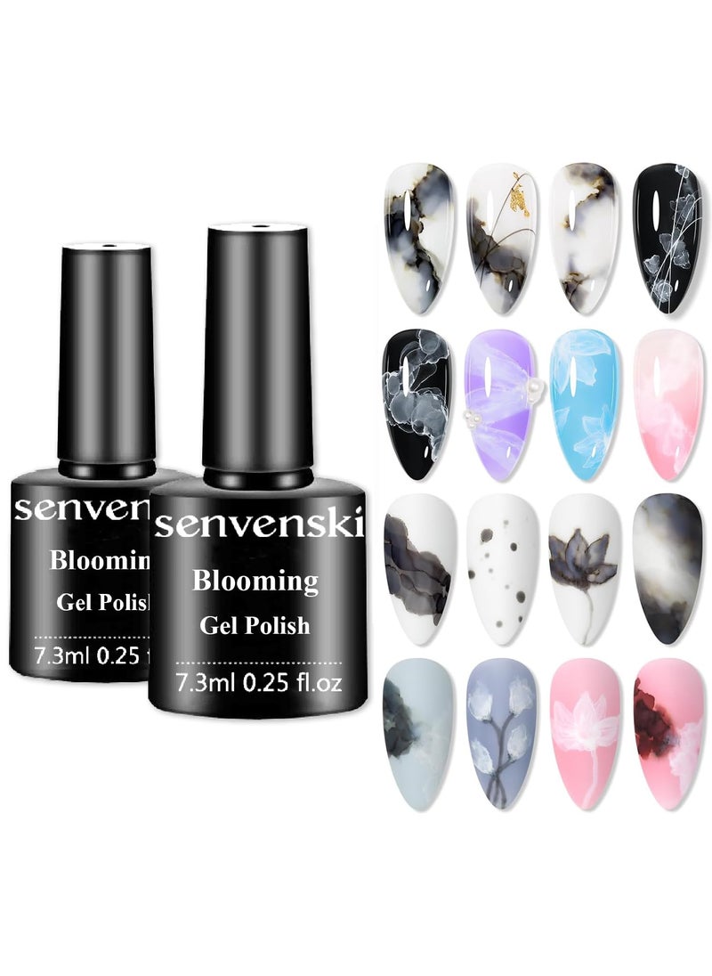 senvenski Blooming Gel Nail Polish Watercolor Marble Ink Black White Spreading Magic Blossom Effect Floral Flower Print Painting Nail Art Design Varnish (YR2-002)