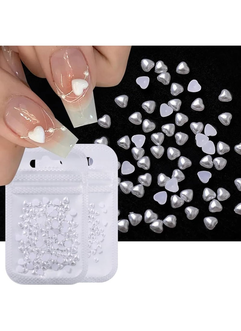 400 Pcs Pearl Heart Nail Charms, 3D Mixed Size Cute Love Hearts Rhinestones Flat Resin Crystal Diamonds Nail Art Supplies Nail Decoration Accessories for Acrylic Nails Crafts DIY