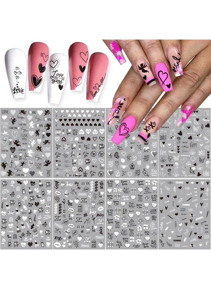 Black White Heart Letter Nail Stickers- Valentine's Day Nail Art Stickers Flower Alphabet Cupid Love Hearts Nail Supplies 8 Sheets 3D Nail Art Design Heart Nail Decals for Women DIY Valentines Nails