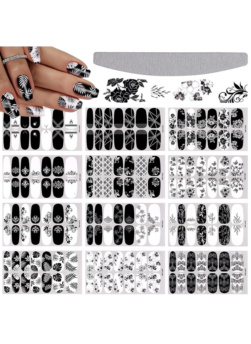 EBANKU 12 Sheets Black White Nail Polish Strips, Full Wrap Adhesive Nail Polish Stickers with 1 Nail File, Leaves Flower Vine Pattern Nail Wrap Stickers for Women Nail Art Decorations