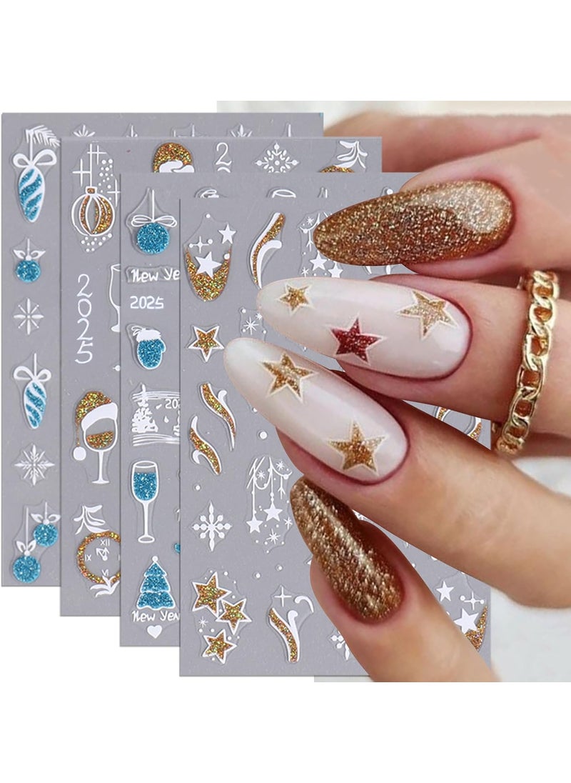 New Year Nail Decals 3D Glitter Nail Art Stickers Snowflakes Bells Wine Cup Nail Design Self Adhesive Star French Nail Stickers for Women Girls DIY Manicure Tip Decoration 4Sheets