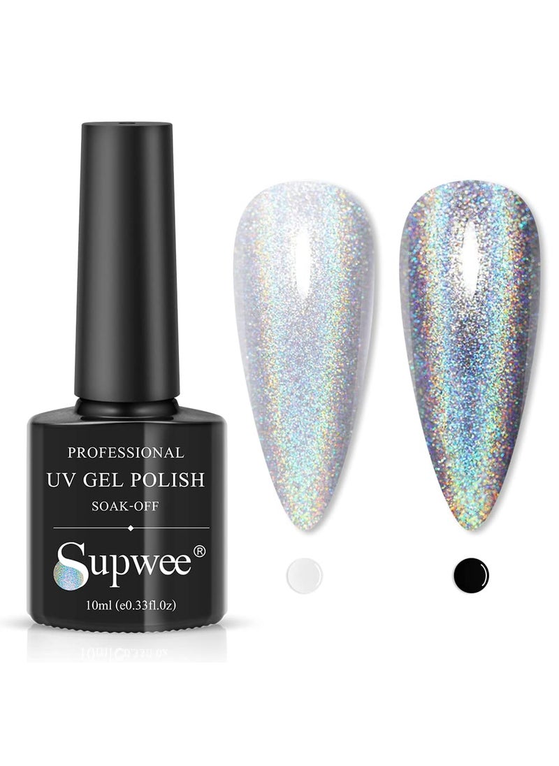 Universal Holographic Gel Polish Silver Glitter Nail Polish Gel Laser Nail Gel Polish Glossy Iridescent Mermaid Effect Varnish Soak Off UV Gel Nail Art for Nail Salon 10ml(0.33fl.oz)
