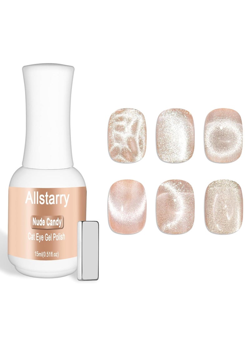 Allstarry Cat Eye Gel Nail Polish 15ml/0.5fl oz Glitter Shimmer Jelly Glass Magnetic Gel Polish UV LED Curing Soak Off Home DIY Nail Salon Manicure Kit with Magnet for Shimmer Nail Art - Nude Candy