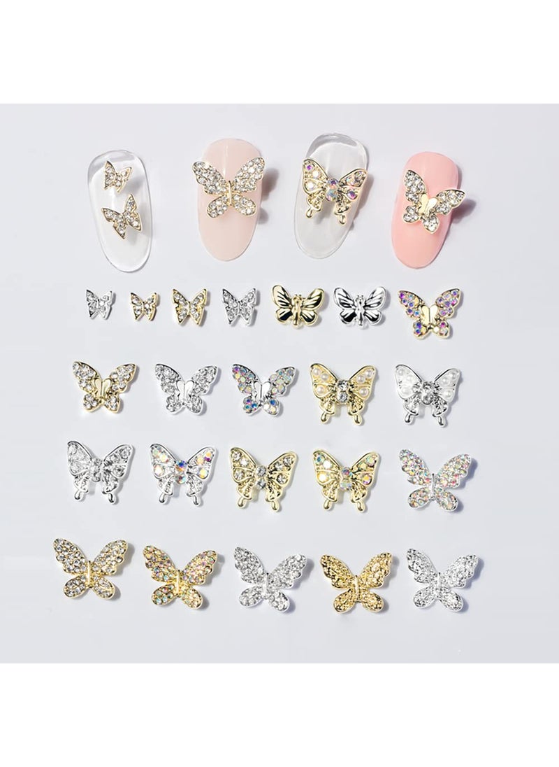 22 Pcs 3D Butterfly Nail Charms Crystals Diamonds Rhinestones, Metal Alloy Gold Silver Butterflies Charms Gems Design for Women Nail Art Decoration Craft Jewelry DIY.