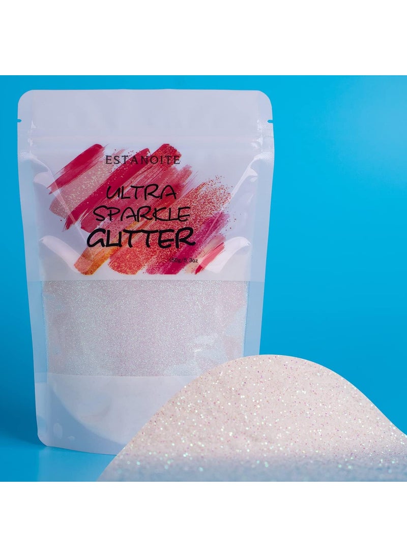 Rainbow Glitter 150g, Iridescent White Glitter Powder for Resin Tumblers, Slime and Craft Making, Nail Art, Festival Decoration, Cosmetic Glitter for Body Face Hair (Rainbow White)