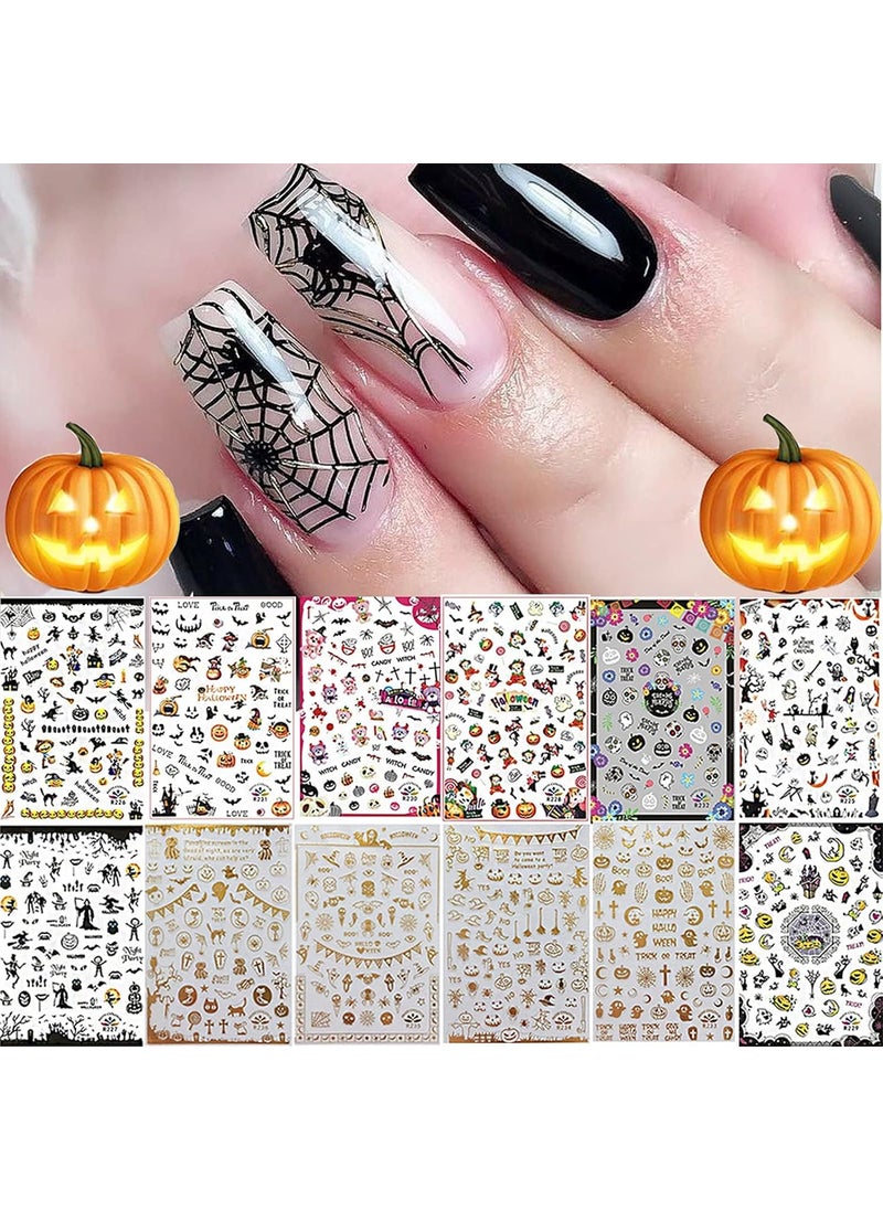 Halloween Nail Art Stickers Decals, Kalolary Self-Adhesive DIY Nail Sticker Decals 3D Design Nail Decorations for Halloween Party Include Pumpkin/Bat/Ghost/Witch(12 Sheets)