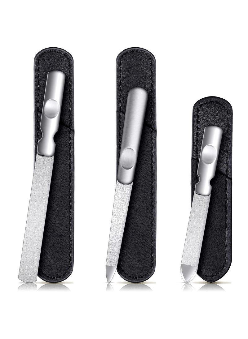 3 Pcs Stainless Steel Nail Files Kit with Leather Case, Double Sided Metal Nail Files with Anti-slip Handle for Women and Men, Metal File Buffer Manicure Pedicure Tools for Fingernail Toenail(Black)