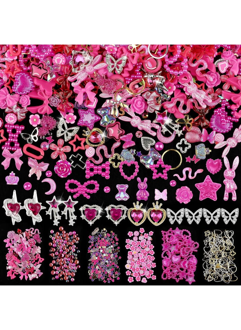 650pcs Mixed 3D Nail Charms Kit, 12pcs Luxury Metal Nail Rhinestones and 250pcs Resin Butterfly Flower Star Heart Bow Charms with 400pcs Flatback Pearls Rhinestone Metal Gems Charms (Hot Pink)