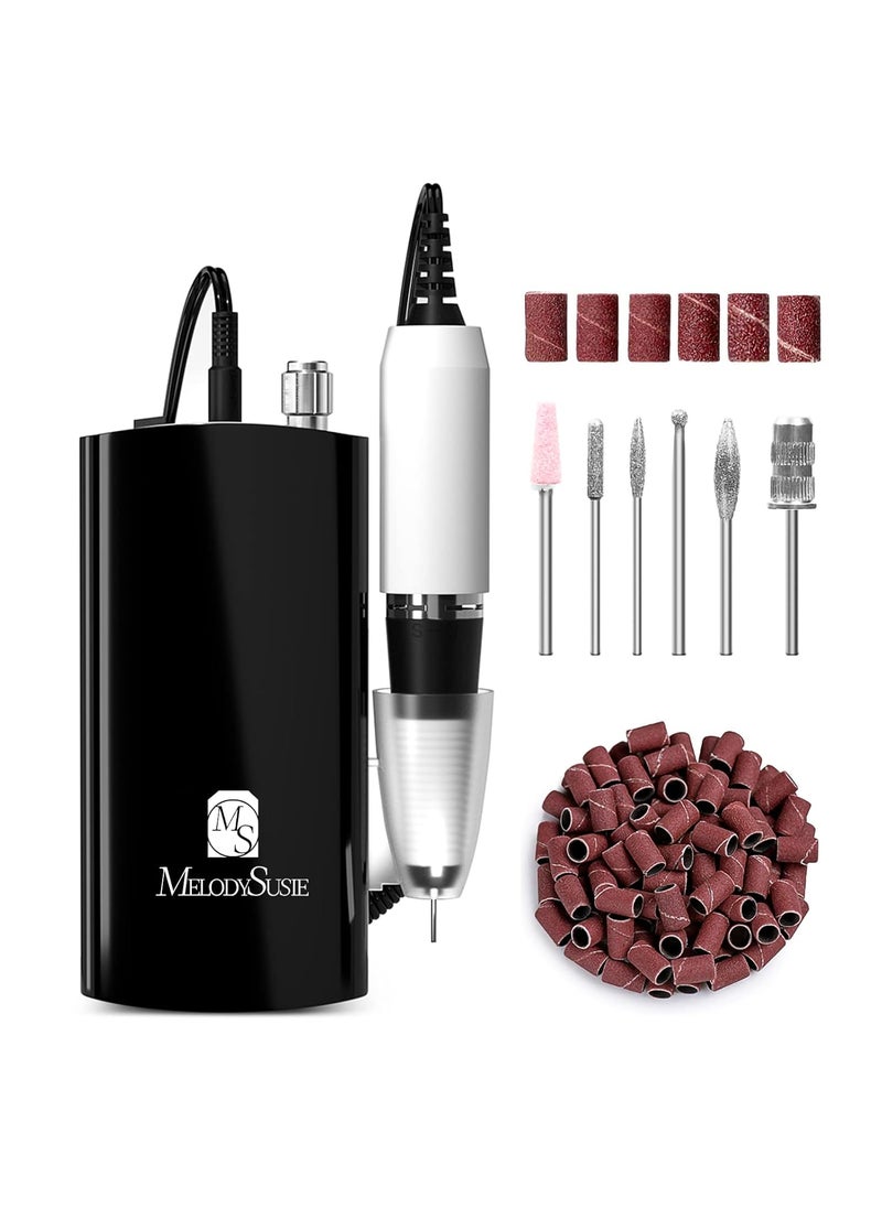 MelodySusie Professional Nail Drill - 30000 rpm Rechargeable Portable Nail Drills with 6 Bits and 106 Sanding Bands, Cordless Electric Nail File Machine for Acrylic Gel Nails Shape Carve Polish, Black