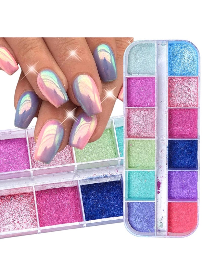 Holographic Nail Glitter Powder, Nail Art Supplies 3D Sparkle Nail Art Pigment Colorful Shiny Glitter Mermaid Pearl Powder Dust Summer Effect for Woman Acrylic Nails Decoration Kit 12Colors