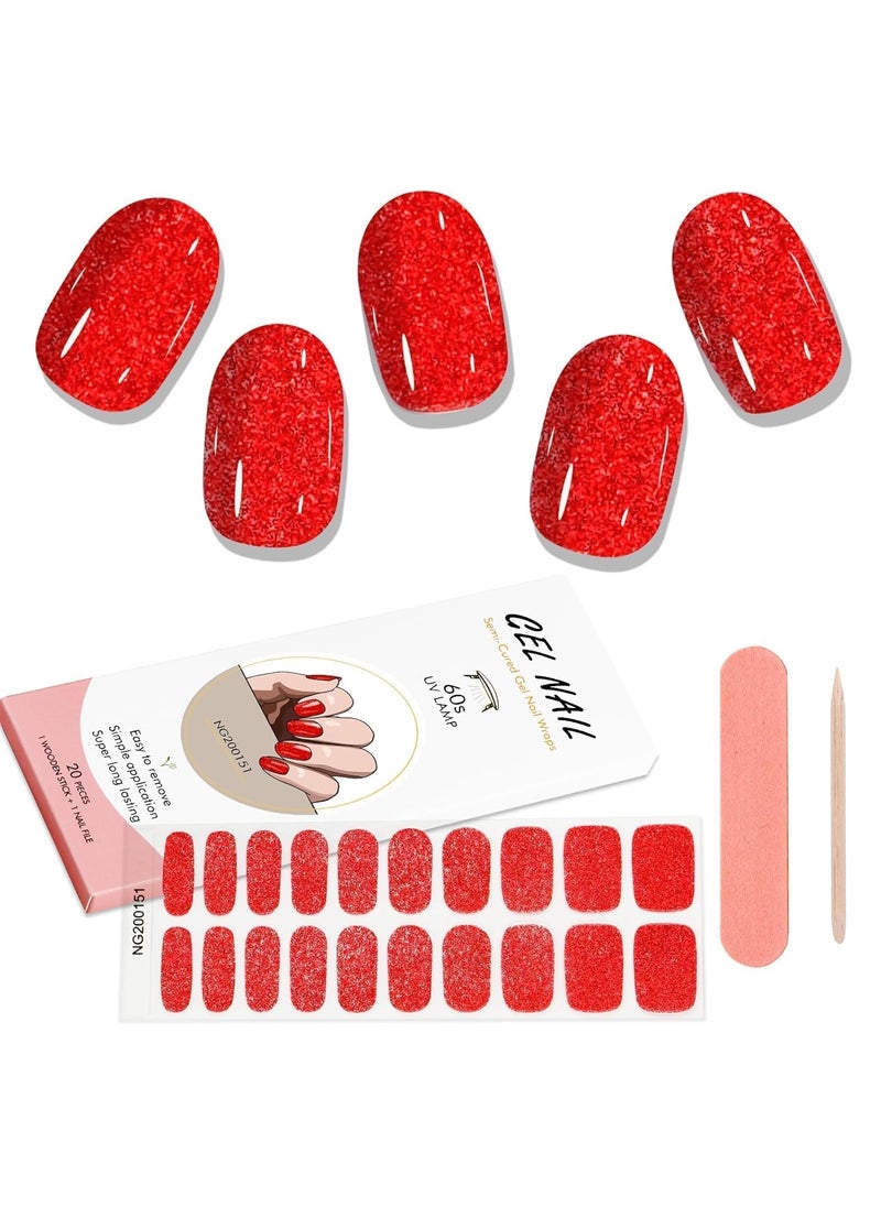 Kalolary Gel Nail Wraps, Red Glitter Full Nail Art Polish Stickers - Long-Lasting with Nail File and Stick, UV/LED Lamp Required