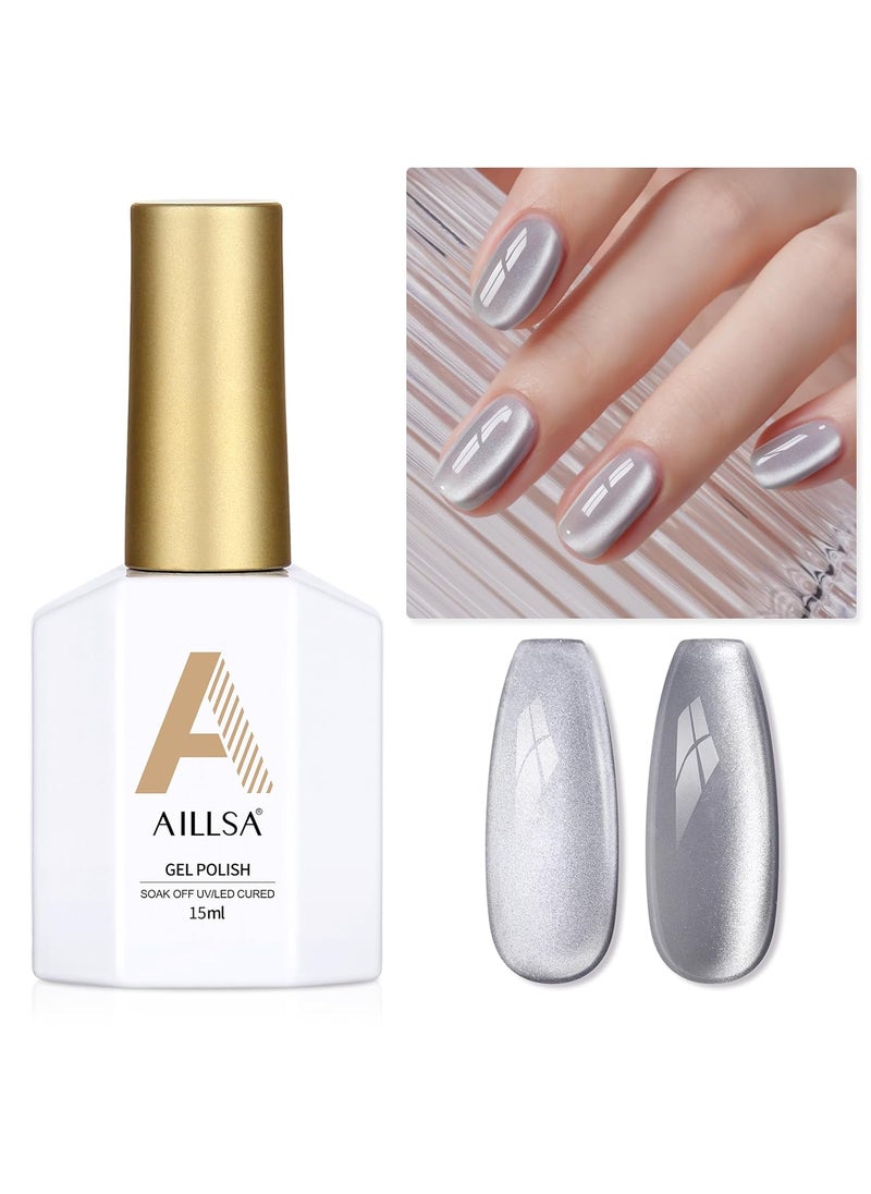 AILLSA Silver Cat Eye Gel Nail Polish Gray Glitter Crystal Polish with Magnet, Shimmer Clear Sparkle Nail Polish Reflective Translucent Jelly Color U V Gel Salon DIY at Home 0.5 OZ GF18