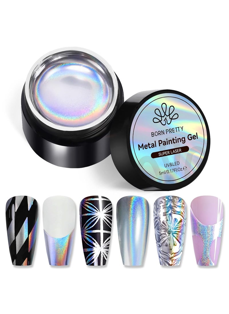 Born Pretty Metallic Painting Gel Holographic Silver Painted Gel Nail Polish 3D Metal Painting Gel Drawing Mirror Nail Gel Polish Glossy Soak Off DIY Nail Art Manicure Vanish