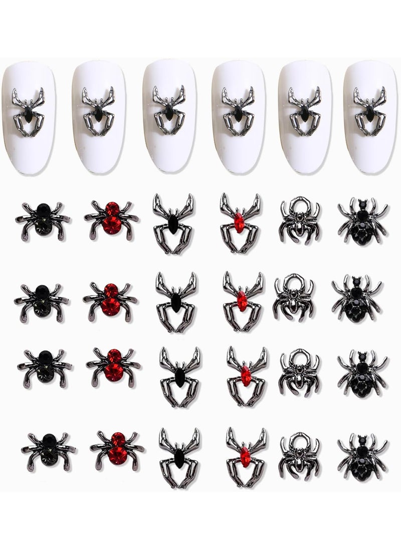24 Pcs 3D Halloween Spider Nail Art Charms Crystals Diamonds Rhinestones, Metal Alloy Gothic Black Red Gems Nail Accessories for Women Nail Art Decoration Craft Jewelry DIY(6 Styles)