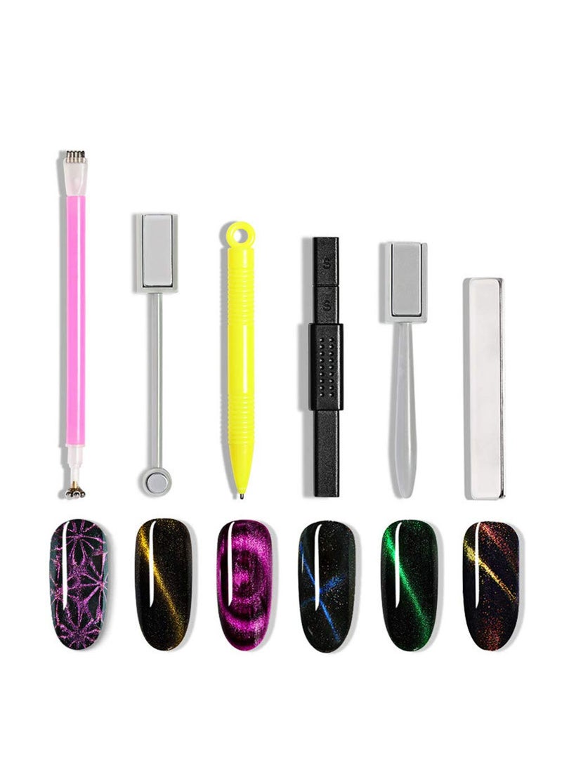 6 Pcs Nail Magnet Tool Set, Pure Vie Quality Enhanced Version Nail Magnet Pens And Strong Magnet Stick Dotting Pens For 3D Magnetic Cat Eye Gel Polish Powder Manicure Nail Art Tool