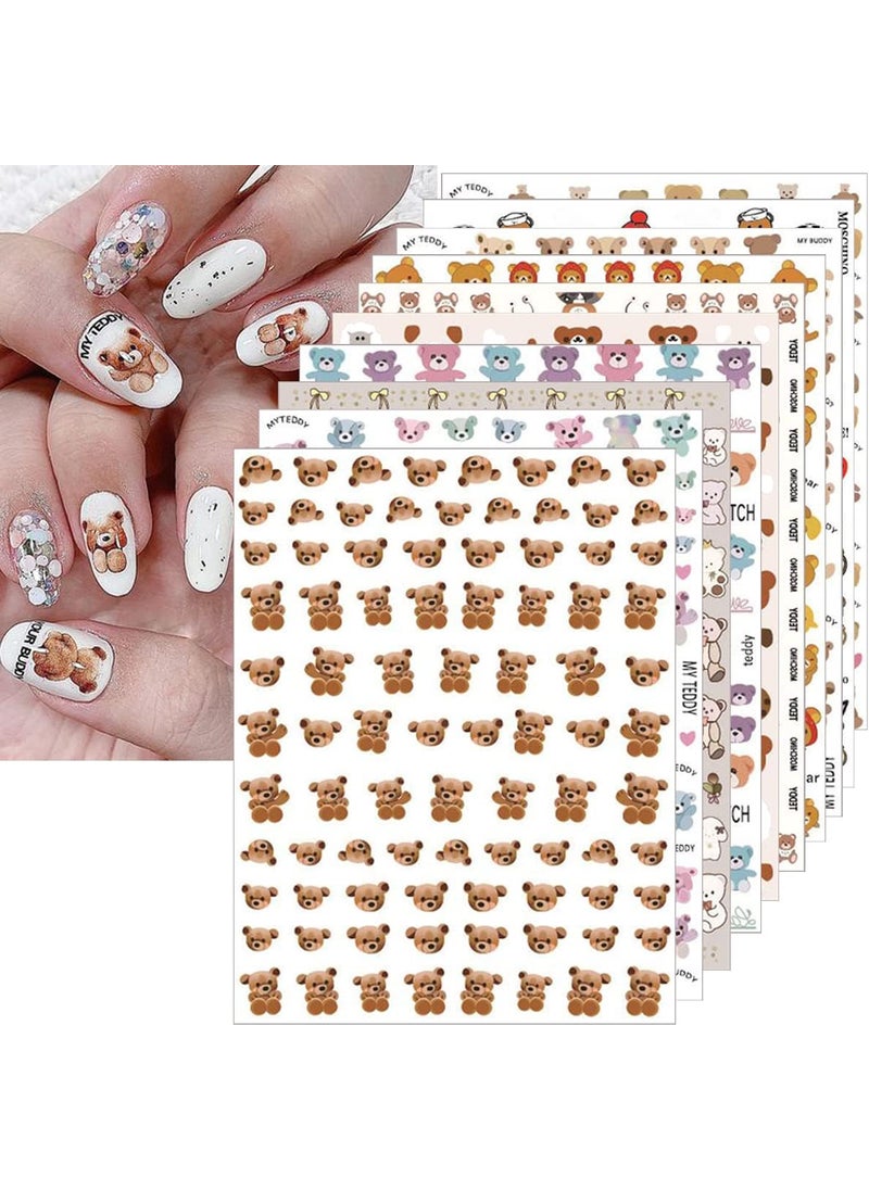 10 Sheets Cute Bear Nail Stickers Decal Cute Cartoon Nail Art Supplies 3D Self Adhesive Fashion Trend Little Bear Designer Nail Sticker Manicure DIY Nail Art Decorations Accessories for Women Girls