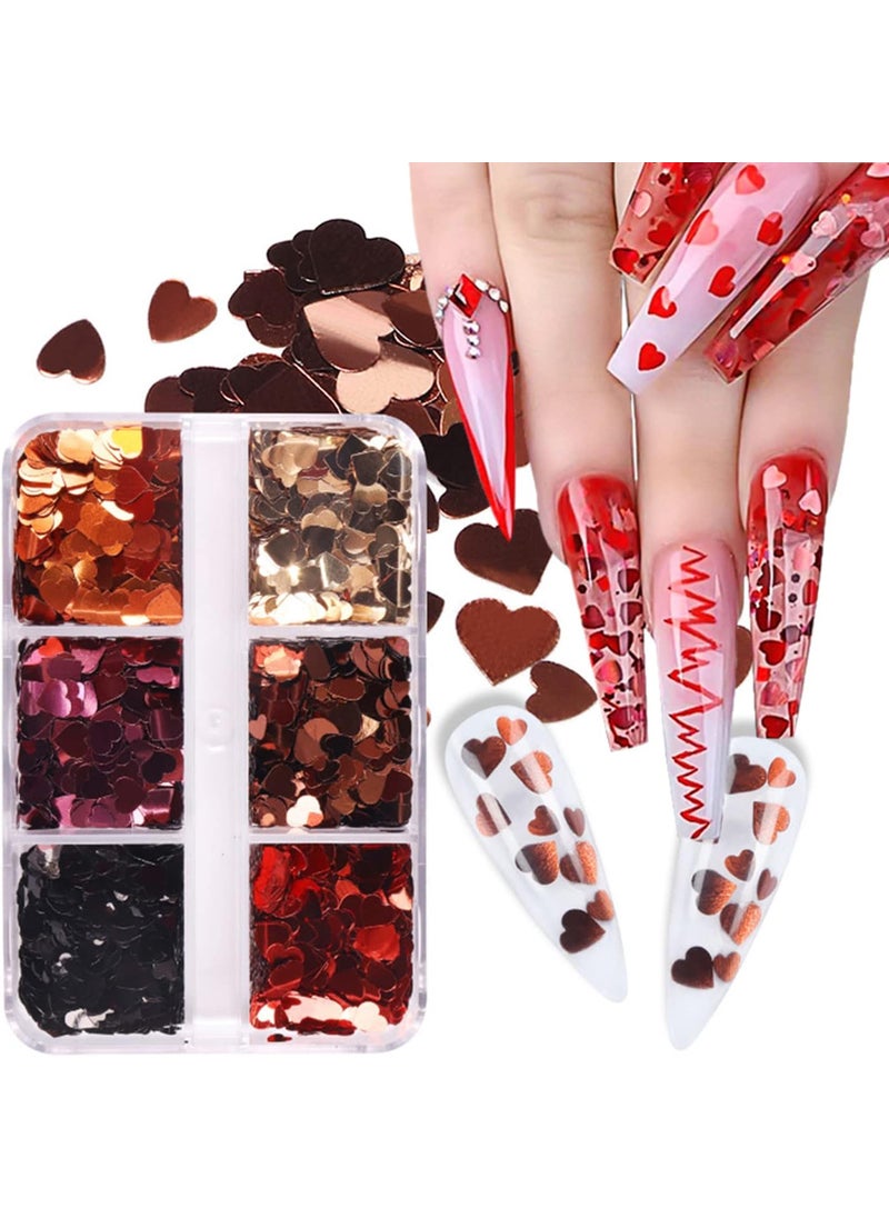6 Grids Valentine's Day Nail Art Sequins, 3D Heart Nail Sequins Holographic Retro Glitters Flakes Acrylic Nails Designs Stickers Decals for Valentine's Day Romantic Girl Nail Decorations