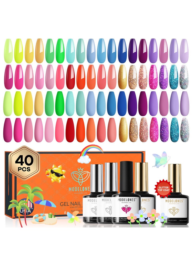 modelones Gel Nail Polish Set, 36 Pastel Rainbow Colors 7ML Soft Pink Red Green Summer Neon Gel Polish Glitter Nude Soak Off LED Gel Nail Polish Kit Nail Art for Starter DIY Holiday Gift
