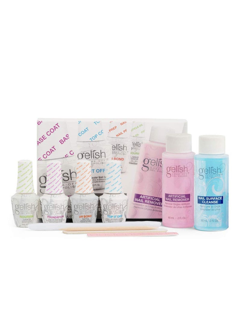Gelish MINI Complete Basix Kit - Gel Nail Polish Prep Essentials Starter Kit with Foundation, pH Bond, Top It Off, Nourish, Artificial Nail Remover & Cleanser.