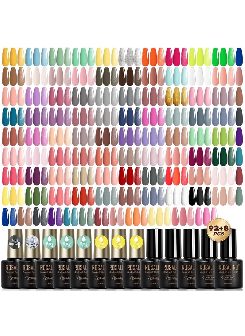 ROSALIND 100PCS Gel Nail Polish Set, 92 PCS Colors Gel Polish Set with 8 Bottles of Base and Glossy Matte Top Coat Starter Nail Set Suitable for All Seasons Gift for Women