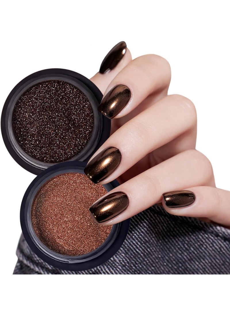 2Pcs Brown Apple Gold Chrome Nail Powder Black Coffee Nail Glitter Dust for Gel Polish Glazed Chocolate Metallic Mirror Effect Holographic Acrylic Pigment Winter Nails Art Design Decorations