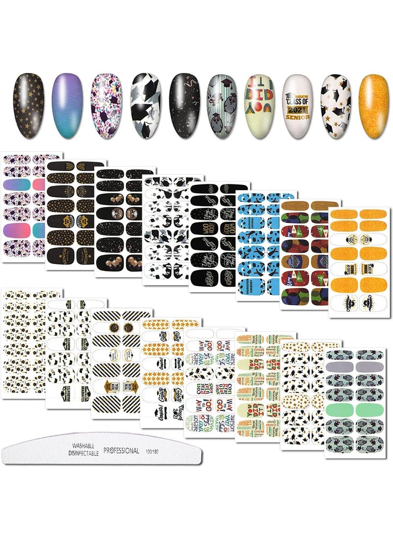 WOKOTO 16 Pcs Graduation Nail Polish Strips Graduate Nail Strips for Students Nails Set with 1 Pc Nail File 14 Tips Per Sheet Graduating Full Nail Wraps for Girls High School College Women Kit