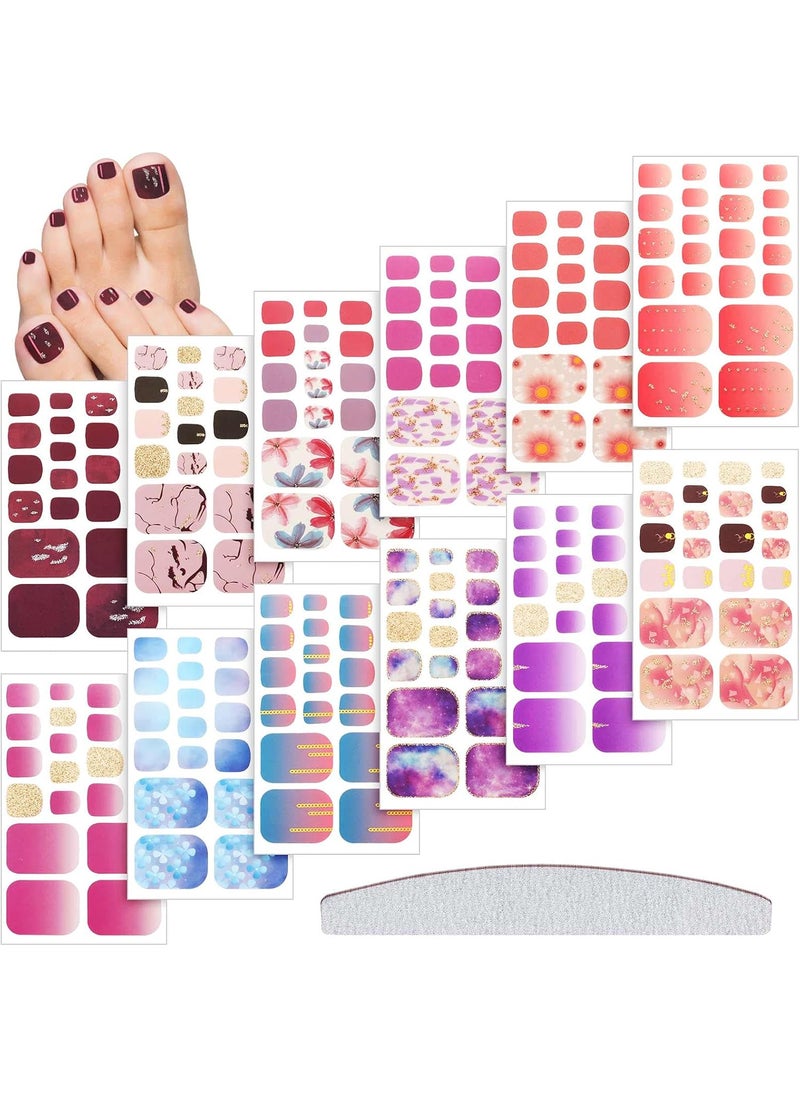 Maitys 264 Pieces 12 Sheets Toe Nail Stickers Self Adhesive Full Nail Wraps Toenail Art Polish Stickers Strips Manicure Accessories Glitter Decals with 1 PC File for Women Girls(Chic Style)