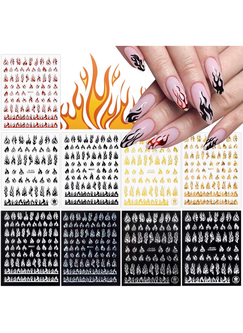 9 Sheets Flame Nail Stickers Decals, TOROKOM 3D Holographic Self-Adhesive Fire Nail Decals White Black Silver Gold Red Flame Nail Art Stickers Nail Art Supplies for Nail Decor
