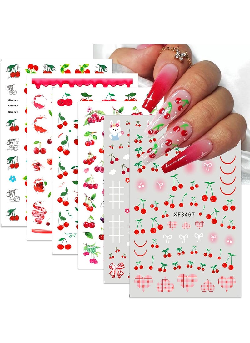 Fruit Nail Art Stickers Cherry Nail Decals 3D Self-Adhesive Valentine's Nail Sticker Cherry Bow Tie Nail Art Design Cute Rabbits Nail Supplies for Women Acrylic Nails Accessories 6 Sheets