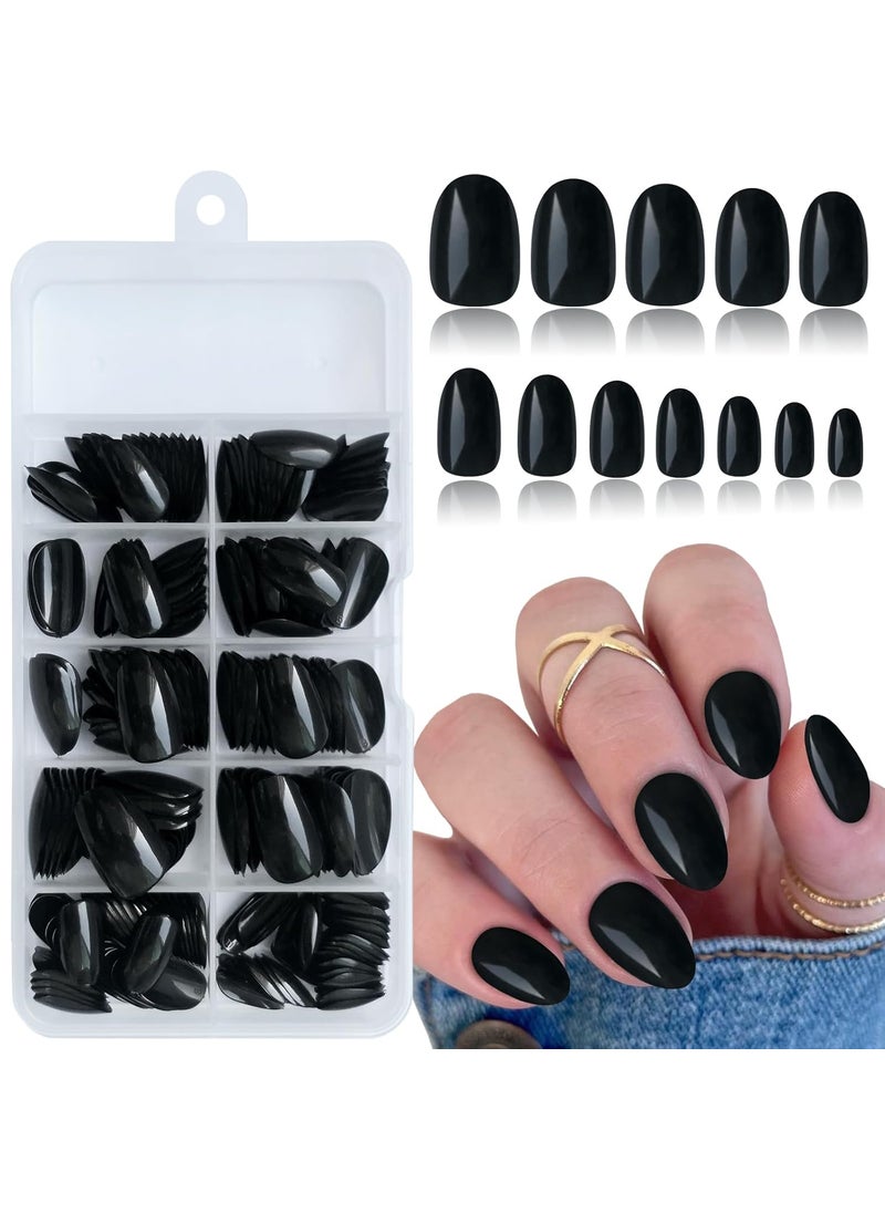 Short Press on Nails Almond Fake Nails Black, 240 Round Almond Press on Nail Short Full Cover Acrylic Presson Nail Tips False Artificial Fingernails & Nail Glue Adhesive Tabs for Women Kids