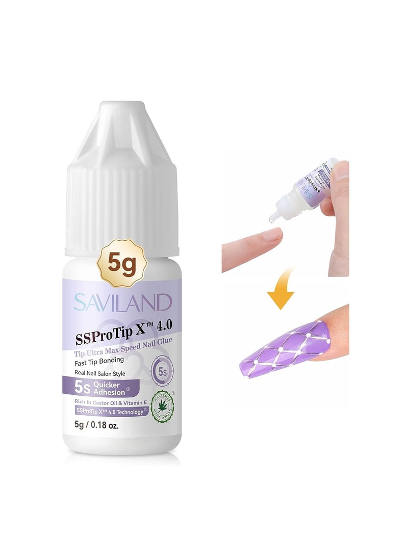 SAVILAND Nail Glue for Acrylic Nails Press On: 5S Fast-Drying Nail Glue Strong 0.18 Oz. Nail Tip Glue Extra Strength Nail Glue Castor Oil Vitamin E Hypoallergenic Nail Glue for Nail Tips No Cure Salon