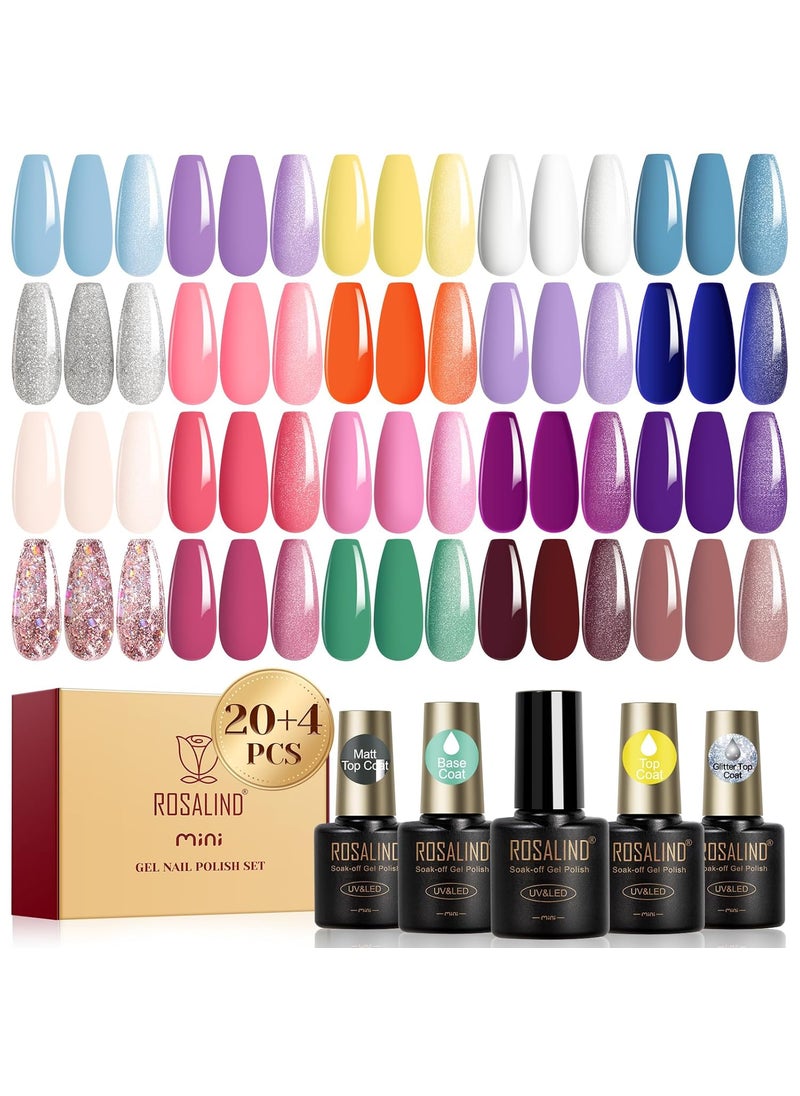 ROSALIND 24pcs Pink Blue Purple Gel Polish Set with 4 Bottles of Base and Glossy Matte Glitter Top Coat Soak Off Gel Nail Set Suitable for All Seasons Gel Polish Gift for Women