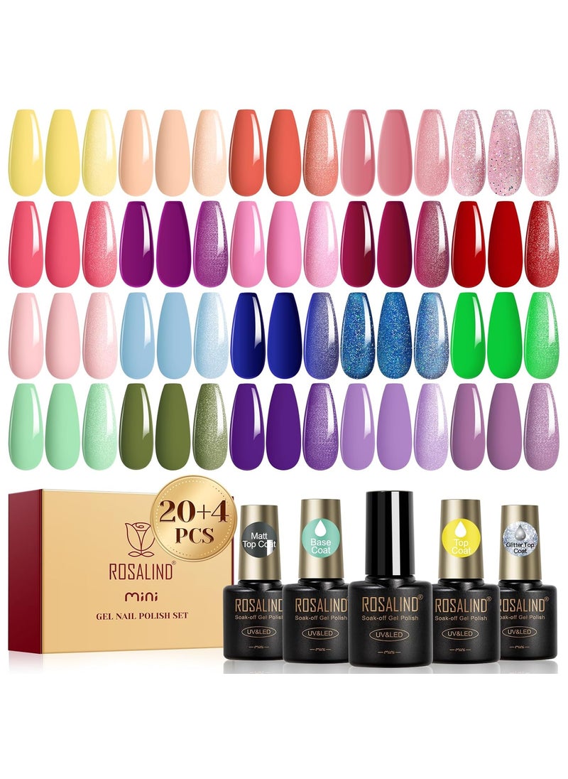 ROSALIND 24pcs Gel Polish Set with 4 Bottles of Base and Glossy Matte Glitter Top Coat Pink Purple Blue Shinny Gel Nail Set Manicure Kit for Women