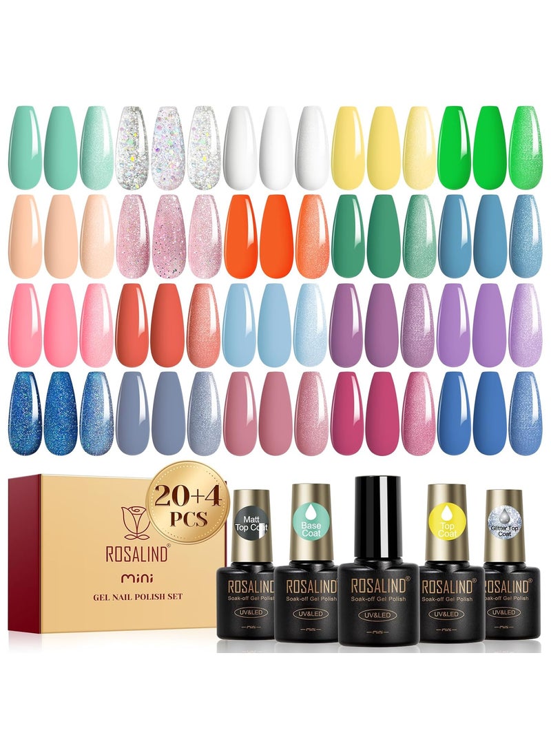 ROSALIND 24pcs Gel Polish Set with Gel Base and Glossy Matte Glitter Top Coat Purple Blue Green Gel Nail Polish Set Suitable for All Seasons