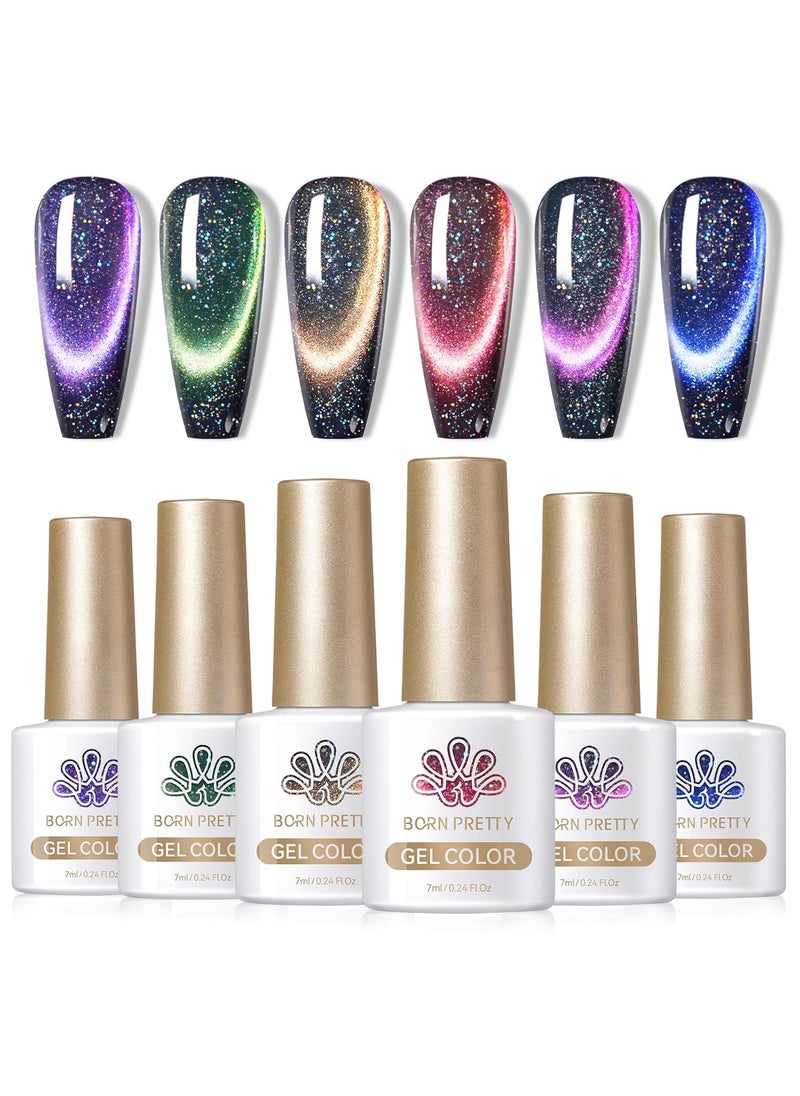 Born Pretty 9D Magnetic Gel Nail Polish Reflective Glitter Gel Polish Holographic Colorful Cat Magnetic Gel Polish Set 7ML 6PCS