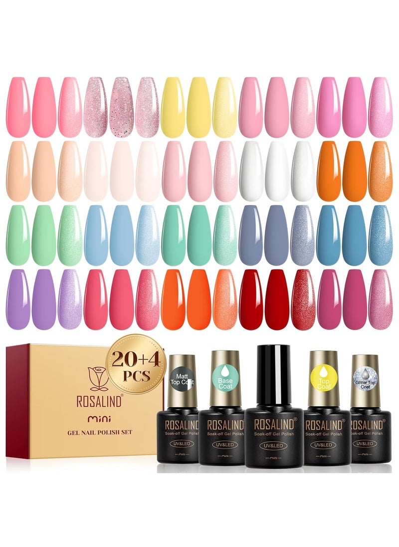 ROSALIND 24pcs Pink Gel Polish Set with 4 Bottles of Base and Glossy Matte Glitter Top Coat Pink Orange Red Gel Nail Set Soak Gel Polish Kit
