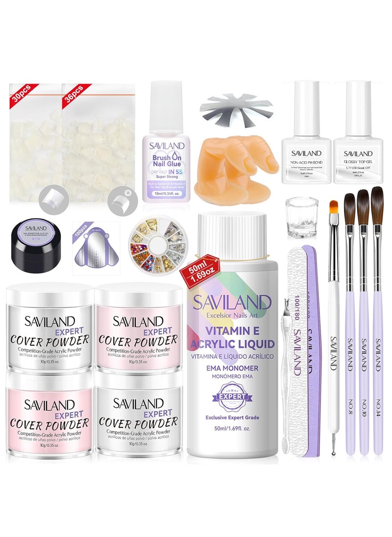 SAVILAND French Acrylic Nail Kit: Beginner Nail Kit Acrylic Set Easy to Use Acrylic Powder and Liquid Set with Half Cover Nail Tips Acrylic Nail Brushes Nail Tools for DIY French Manucure Kit
