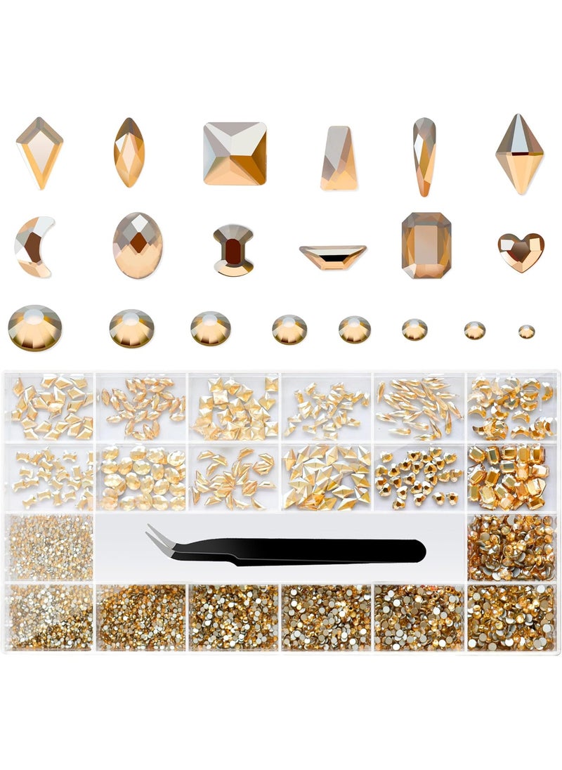 Champagne Gold Rhinestone Set - Multi Shapes, Mixed Sizes, Flatback Nails Charms with Wax Pencil & Tweezers, Storage Box