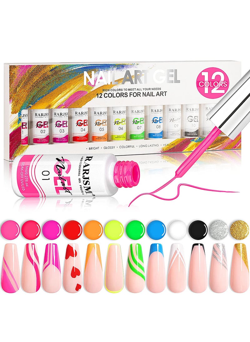RARJSM Painted Nail Polish Set, 12 Colors Neon Pink Yellow Green Glitter Silver Gold Nail Art Painting Manicure Tools DIY Drawing Nail Gel for Line UV LED Required
