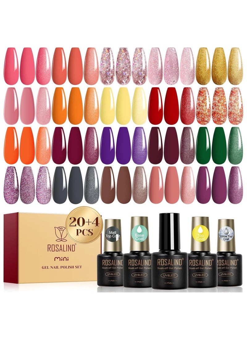 ROSALIND 24pcs Gel Polish Set with 4 Bottles of Base and Glossy Matte Glitter Top Coat Orange Purple Fall Winter Gel Nail Set