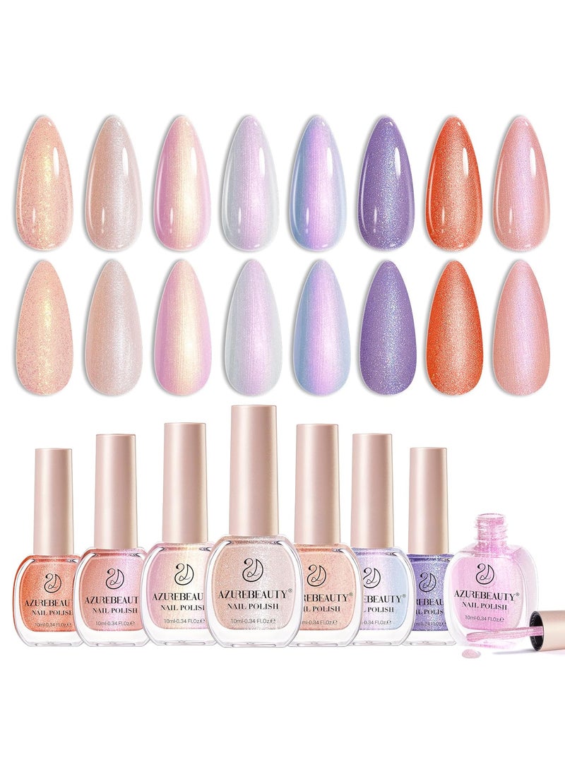AZUREBEAUTY 8 Colors Shimmer Pearl Shine Nude Coral Glitter Orange Purple Violet Vegan Nail Polish Set, Quick-Dry, Perfect for Women Manicure Nail Art DIY Salon