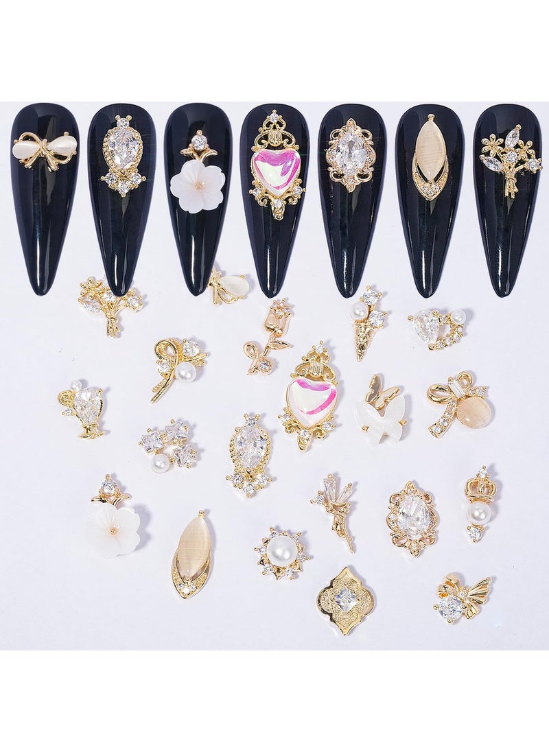 HNUIX Nail Charms and Gems - Gold Copper Zircon, Multiple Shapes 3D Dangle, Metal Jewelry Rhinestones for Nails (19pieces B Set)