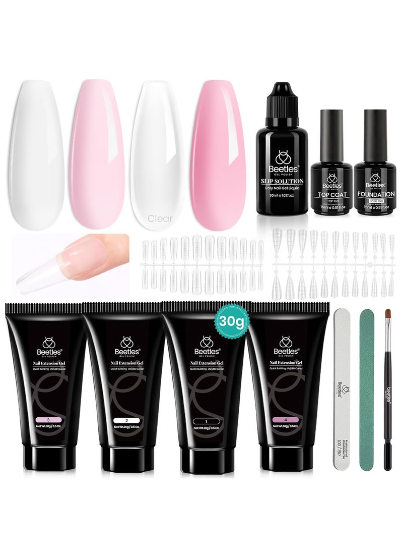 Beetles Poly Nail Extension Gel Kit, 4 Colors Pink White Poly Nail Gel Builder Sheer Pink Nail Gel Clear Nail Art Kit with Poly Brush & Slip Solution Nail Salon All In 1 Kit Gift for Women