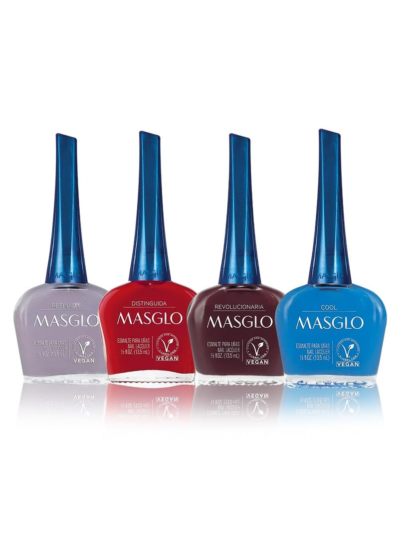 MASGLO Tradicional – Set of 4 Nail Polishes 13-Free Formula, Up to 7 Days of Wear, High-Coverage & Glossy Finish, Vegan – (0.5 oz Each)