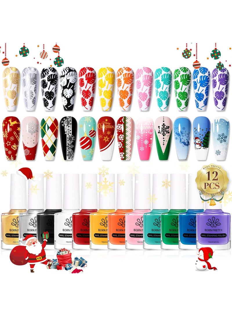 Born Pretty Nail Stamping Polish, Christmas Fingernail Stamp Polish Set Manicure Print Nail Polish for Plates 12 Colors Bulk Gift Collection 10ml 0.34fl oz Ideal Gifts
