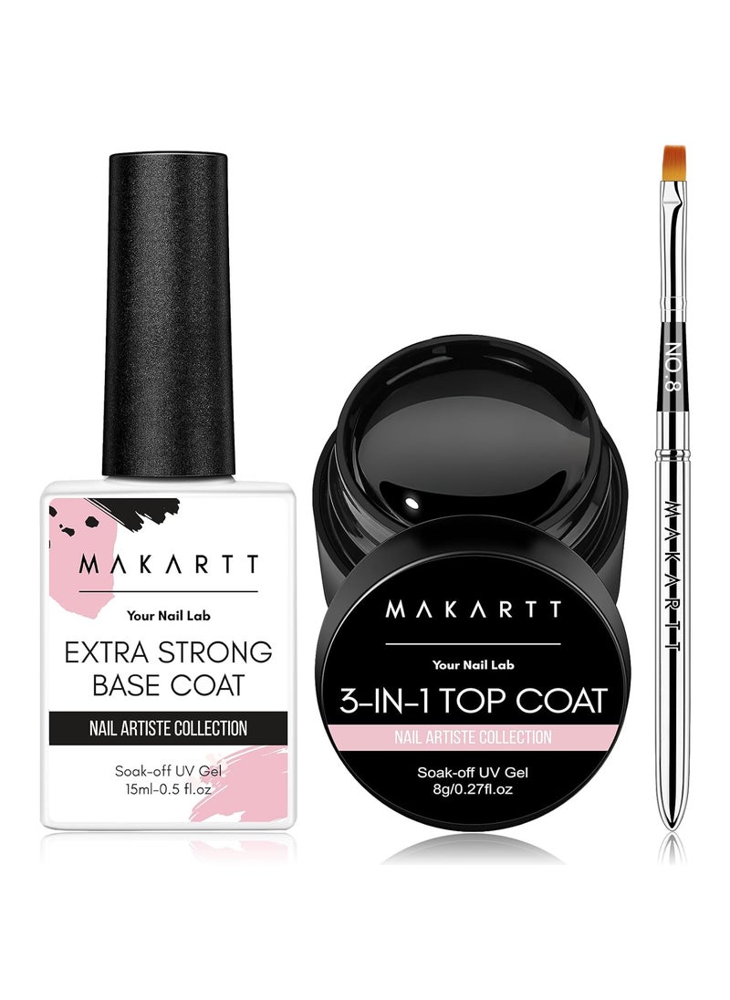 Makartt Gel Top and Base Coat Set: 2-Piece Gel Polish Kit with Nail Art Brush, 15ml Strong Base Gel and 8ml Glossy Hard Top Coat, Long-Lasting Formula for Salon Use, Requires UV/LED Lamp