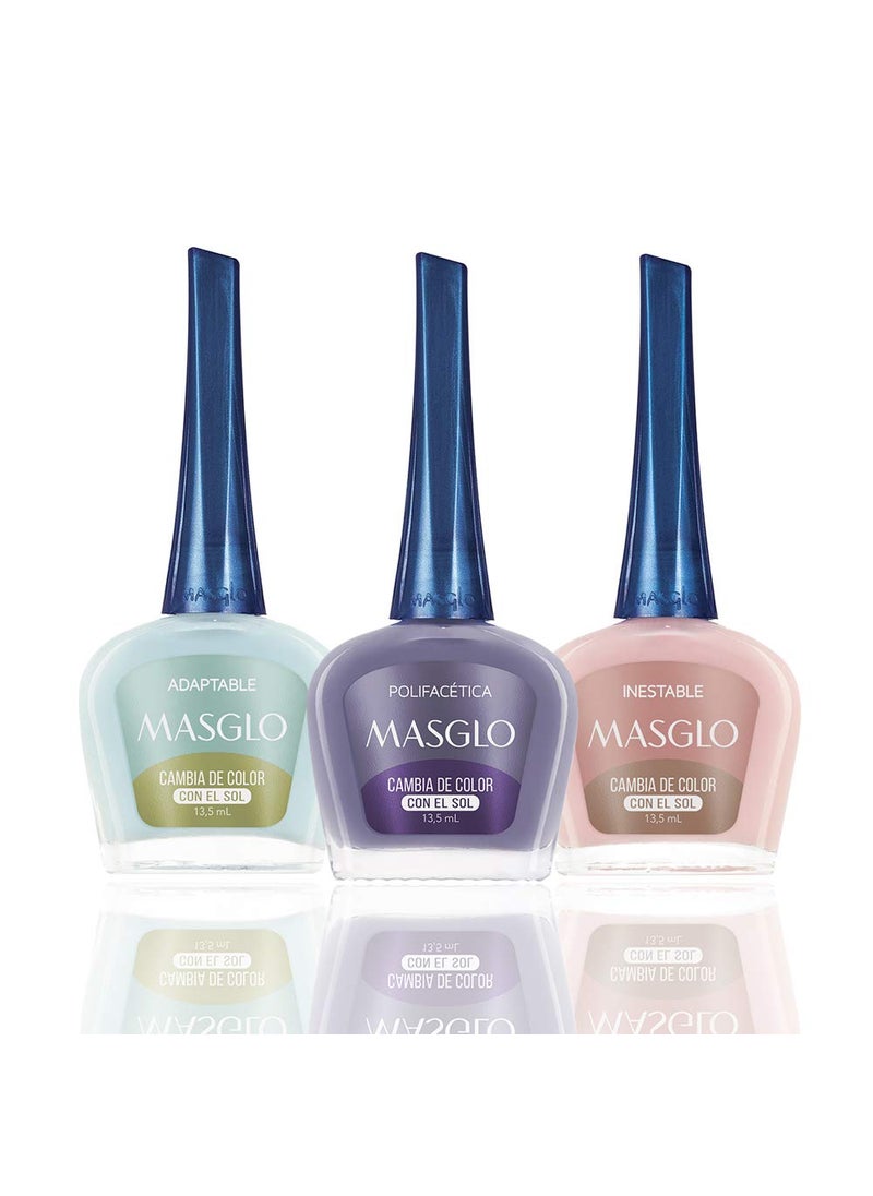 MASGLO Nail Polish Color Changing With Sunlight GREEN SET 3 Pcs Color - Kit 3 Esmaltes Que Cambian Con La Luz Solar 1.4 Fl. Oz.
